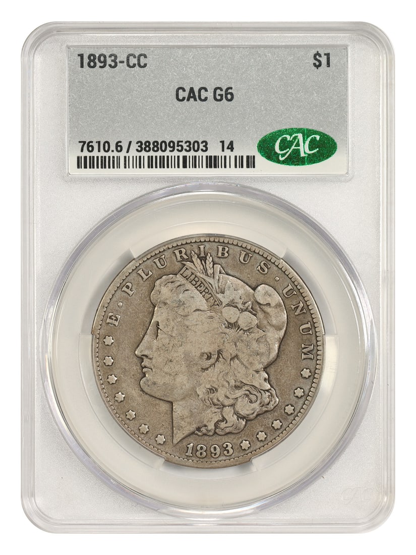 1893-CC $1 CACG Good 06 - Morgan Dollar - Very Scarce CC-Mint Dollar: 1893-CC $1 CACG Good 06 - Morgan Dollar - Very Scarce CC-Mint Dollar The 1893-CC $1 CACG Good 06 - Morgan Dollar is a rare and scarce coin, certified by the CACG, with a strong presence of circulated 