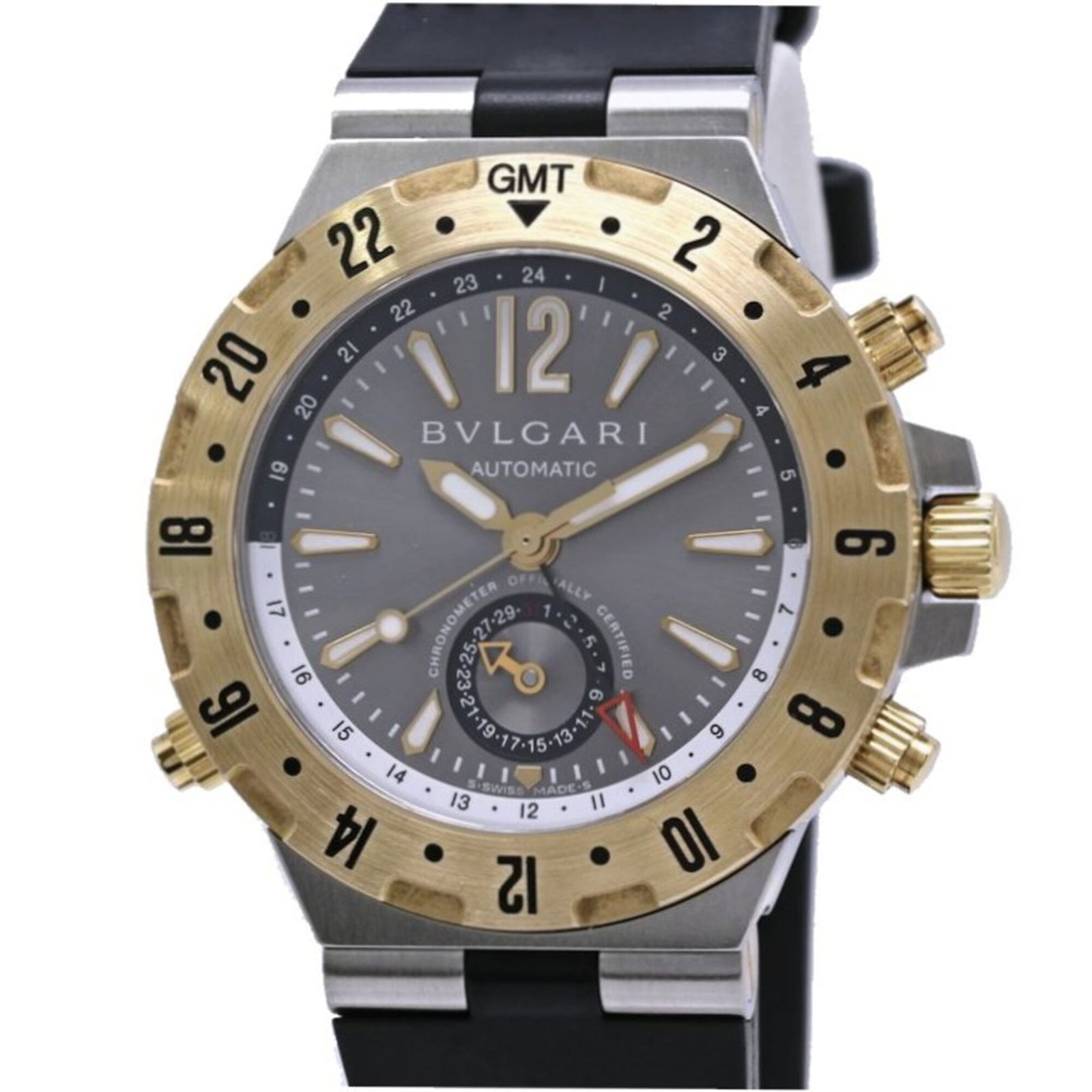 Bvlgari Wristwatch: Bvlgari Wristwatch Stainless steel and yellow gold (18K) blend in the Bvlgari GMT40C5SGVD wristwatch, featuring a self-winding automatic movement. The watch boasts a 40mm case diameter with a gray dia