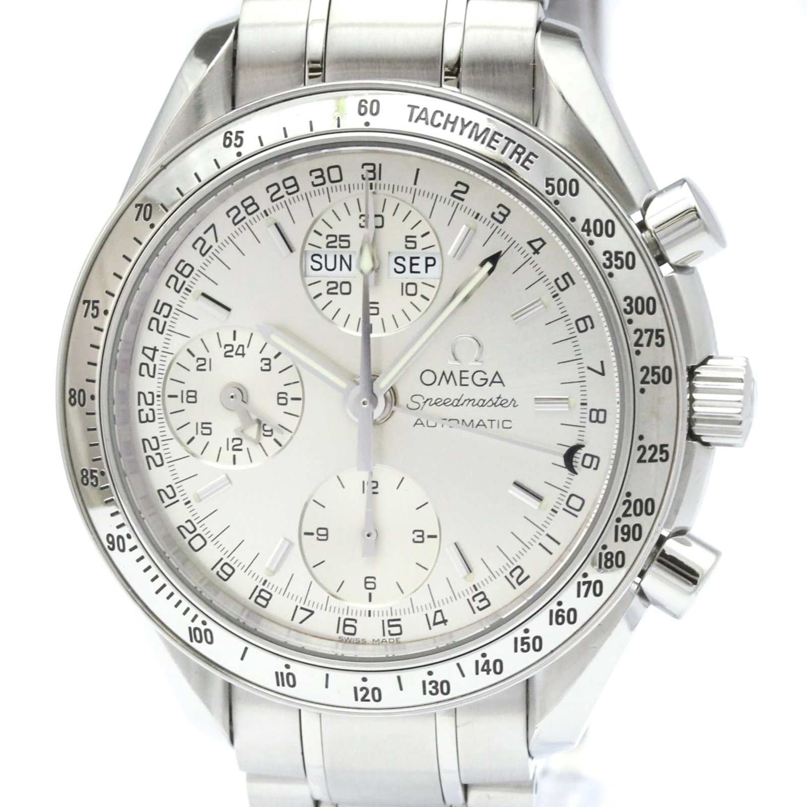 Omega Wristwatch: Omega Wristwatch The Omega Speedmaster 3523.30 is a stainless steel wristwatch with a silver dial, featuring a self-winding automatic movement and chronograph function. Weighing in at 130g, its sporty