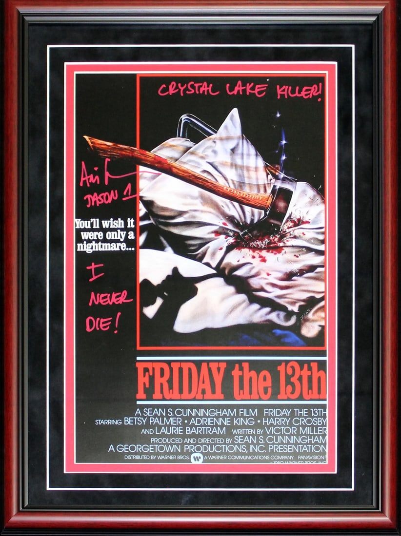 Friday the 13th Movie Poster Inscribed by Lehman Autographed Framed: Friday the 13th Movie Poster Inscribed by Lehman Autographed Framed Item Specifics: Ari Lehman Autographed Framed Multi Inscribed Friday the 13th Movie Poster Signed in red paint pen across the front 