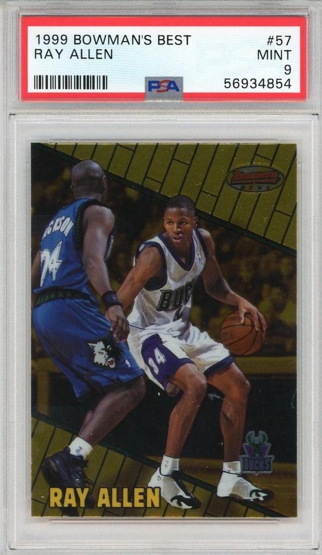 Allen Ray 1999 Bowman's Best Card #57 (PSA): Allen Ray 1999 Bowman's Best Card #57 (PSA) Mint 9 graded and slabbed by PSA, this 1999 Bowman's Best card #57 features Ray Allen in his prime. The Professional Sports Authenticator's expert grading e