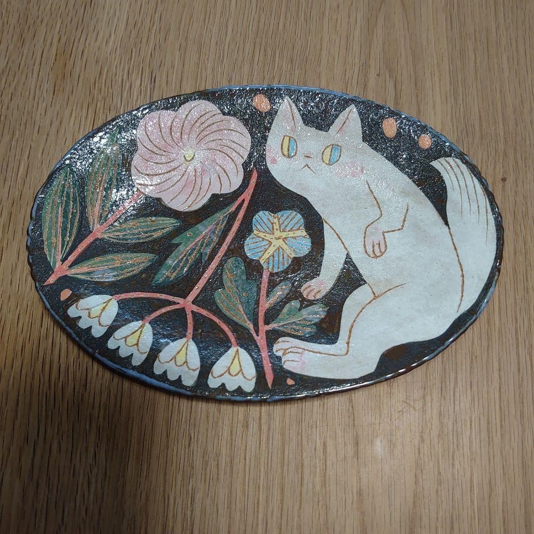 Makoto Kagoshima Plate Cat Oval Black Signed Handmade Japanese Art Pottery (1 of 4)