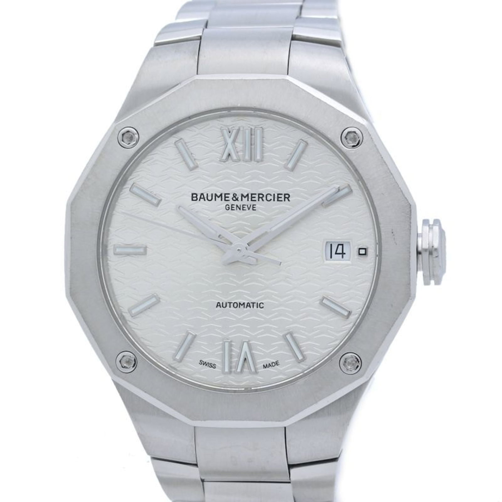 Baume & Mercier Wristwatch: Baume & Mercier Wristwatch Stainless steel case and band add a touch of modern sophistication to this silver dial Baume & Mercier wristwatch, featuring self-winding automatic movement. With its sleek 