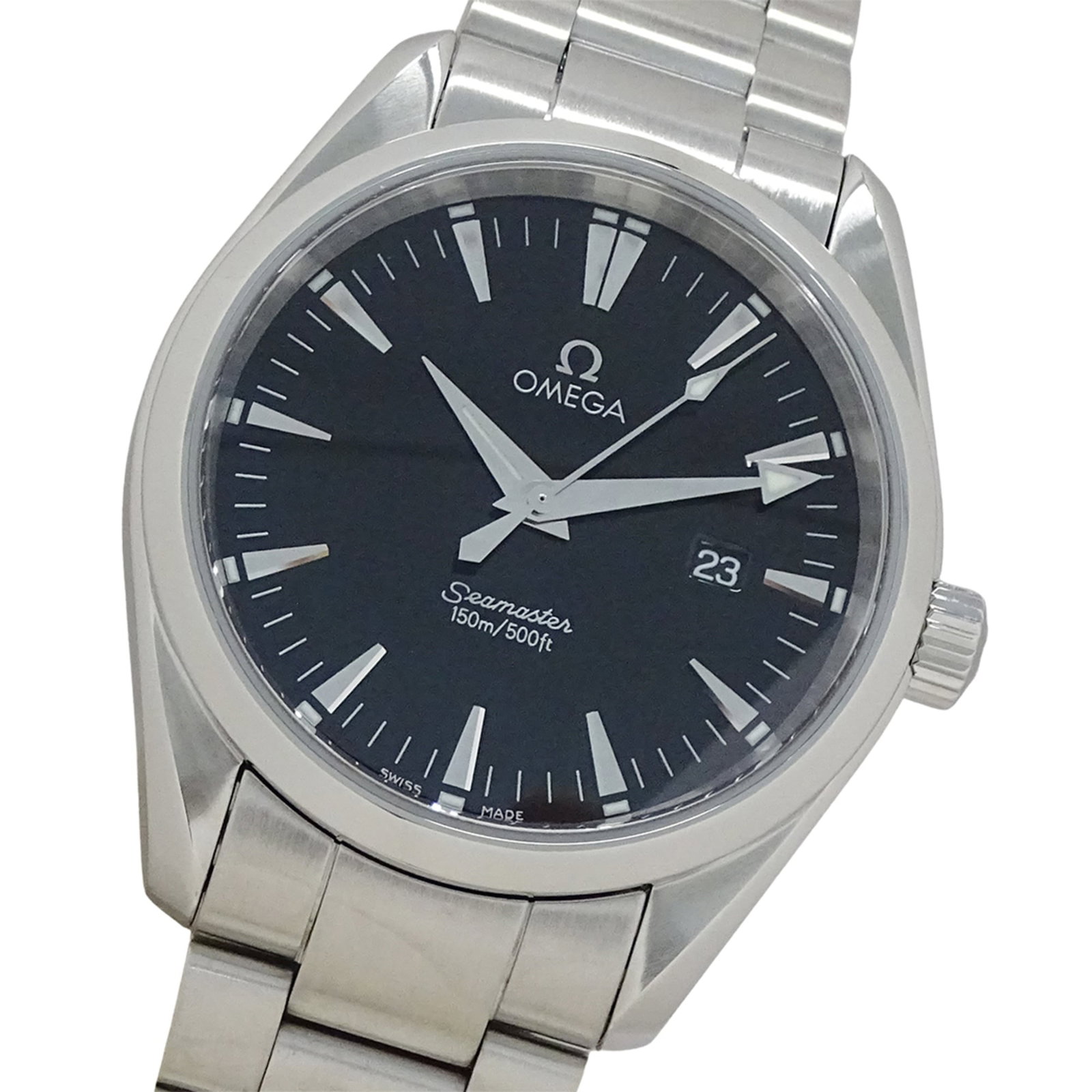 Omega Wristwatch: Omega Wristwatch Stainless steel case and band provide a sleek, modern look. The black dial features a quartz movement, keeping time with precision. This Omega wristwatch boasts a classic design with 