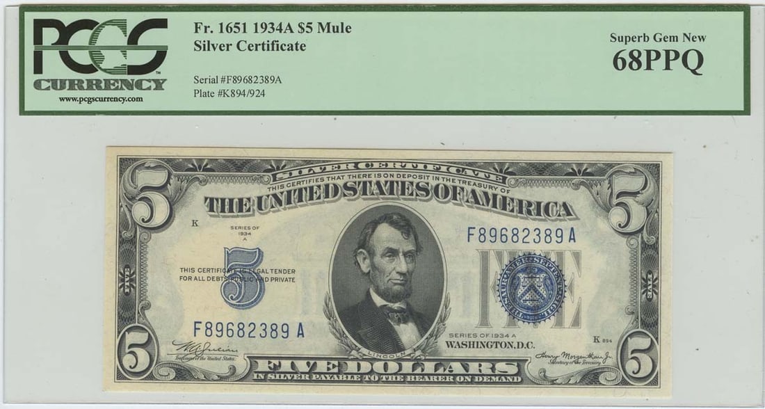 1934A $5 Silver Certificate FR# 1651 PCGS 68PPQ Superb Gem New Finest Known Mule: 1934A $5 Silver Certificate FR# 1651 PCGS 68PPQ Superb Gem New Finest Known Mule The 1934A $5 Silver Certificate, graded MS68 by PCGS, boasts an exceptionally high level of preservation, with its Circ