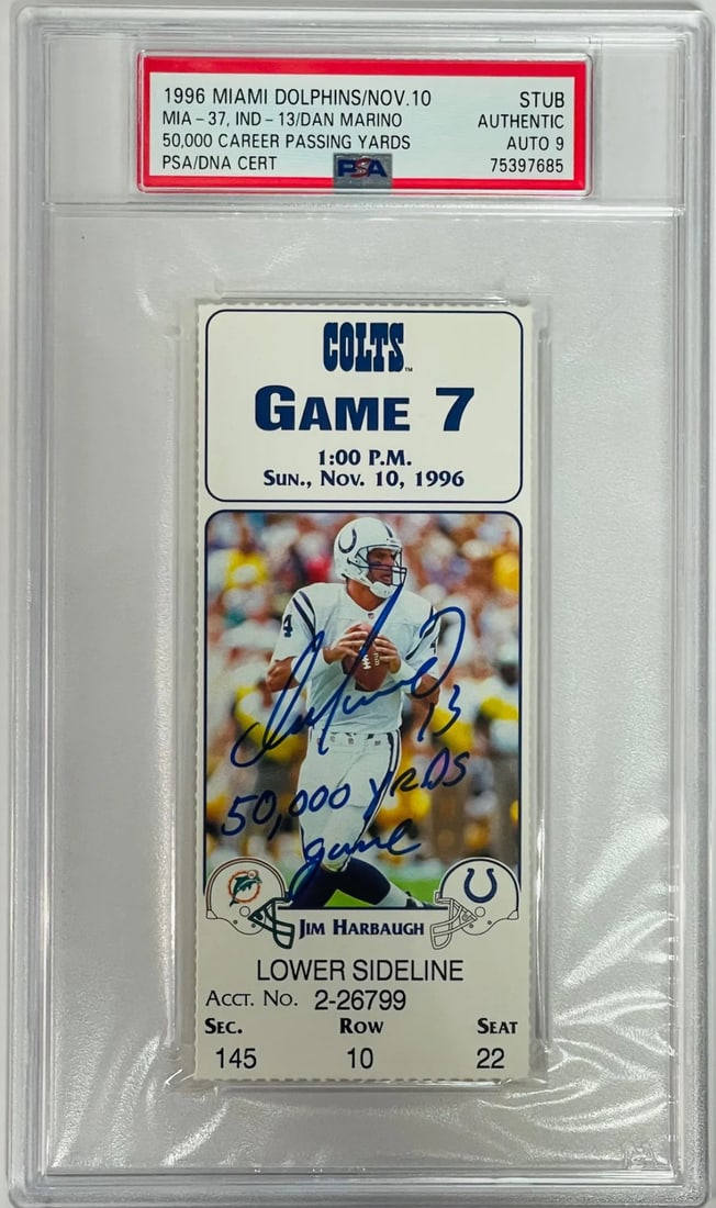 Dan Marino Signed Nov 10 1996 Ticket Stub vs Colts PSA Authentic Auto 9: Dan Marino Signed Nov 10 1996 Ticket Stub vs Colts PSA Authentic Auto 9 Signed by Dan Marino in blue sharpie on November 10, 1996, this game ticket stub commemorates his milestone achievement of 50,00