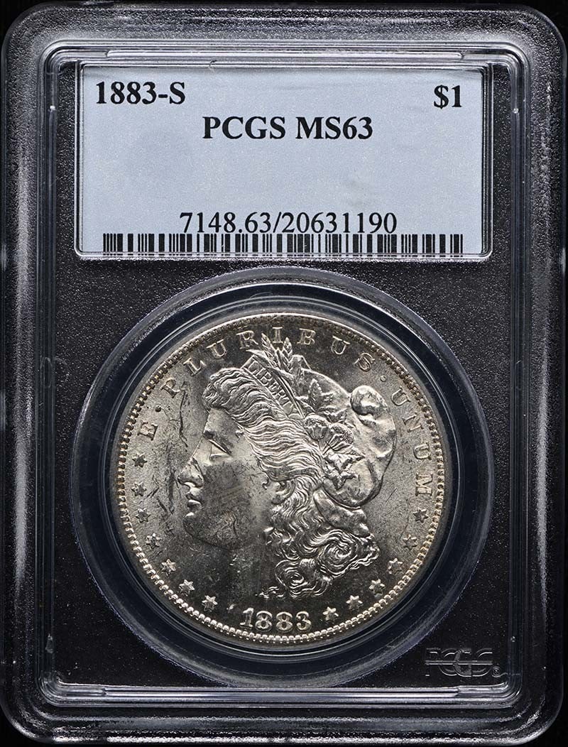 1883-S $1 Morgan Dollar PCGS MS63: 1883-S $1 Morgan Dollar PCGS MS63 The 1883-S $1 Morgan Dollar, graded MS63 by PCGS, showcases its exceptional condition with a strong silver tone. This uncirculated coin was minted in San Francisco an
