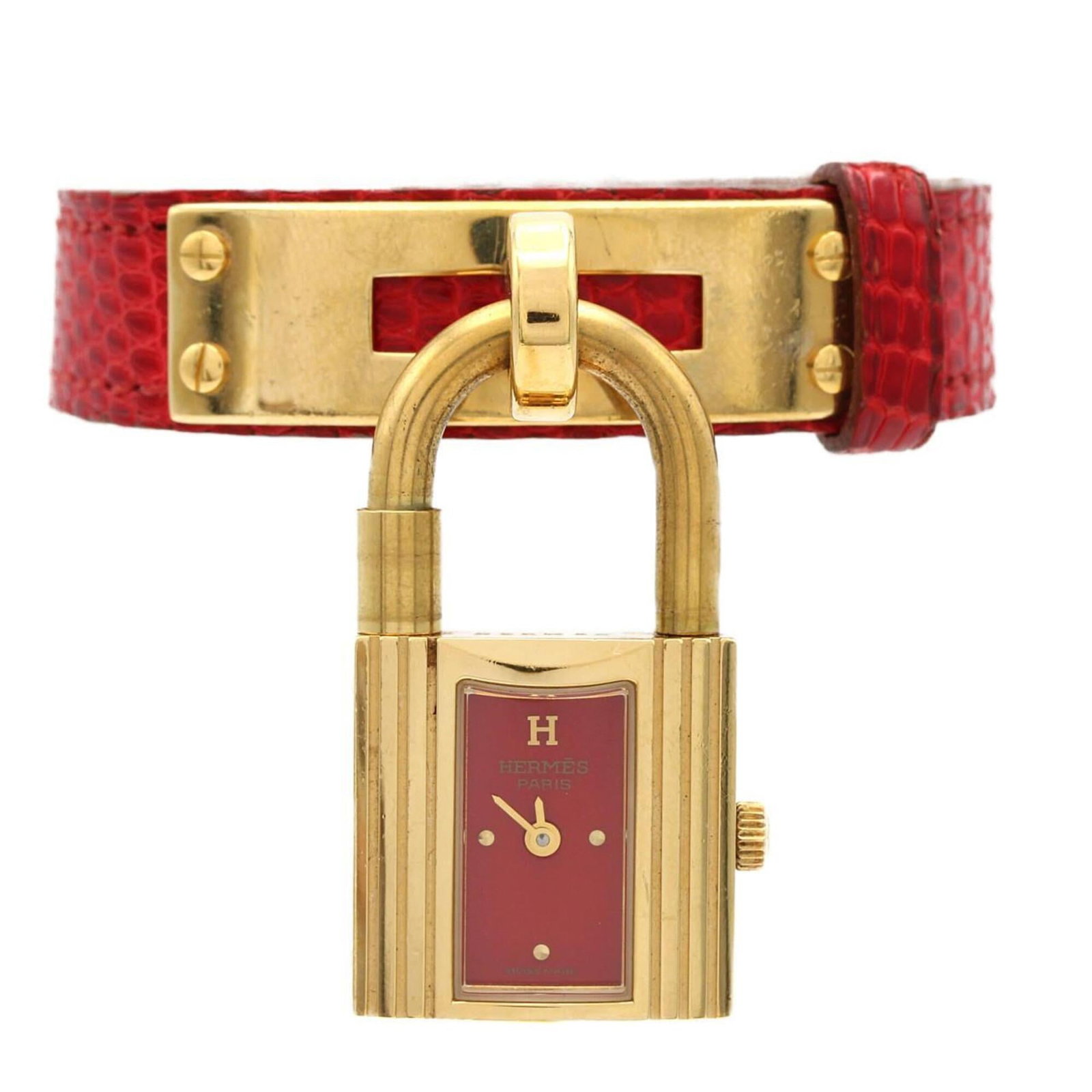 Hermes Wristwatch: Hermes Wristwatch Gold plated case, featuring a striking red dial, and quartz movement make this Hermes wristwatch a unique timepiece. Its compact size with a diameter of 20mm / 0.79'' makes it suitab