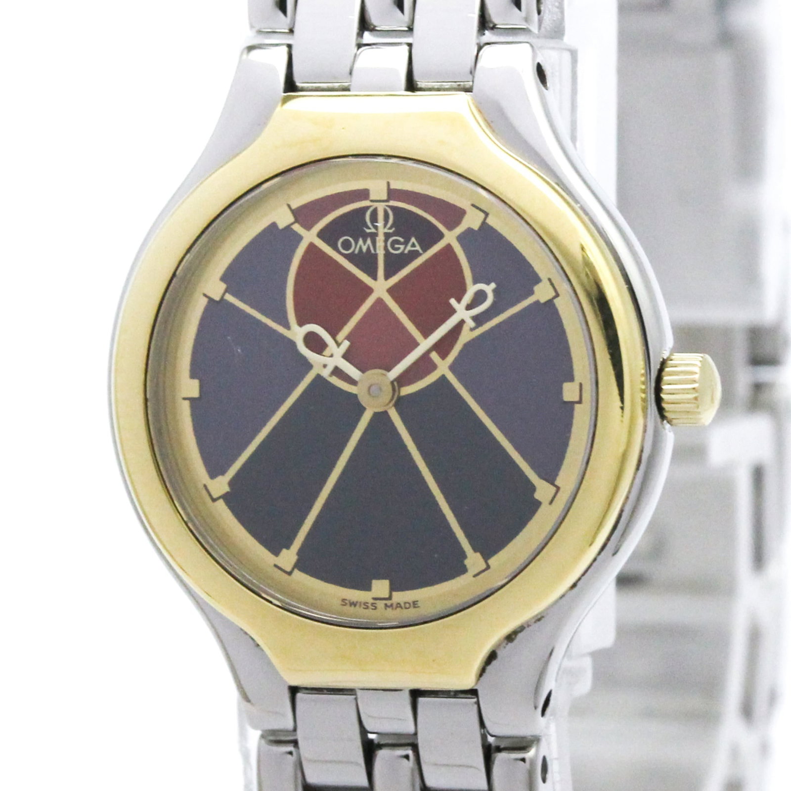 Omega Wristwatch: Omega Wristwatch Stainless steel and yellow gold (18K) combine in this sleek Omega De Ville wristwatch, boasting a Bordeaux and Purple dial. The quartz movement powers a case diameter of 23mm, weighin