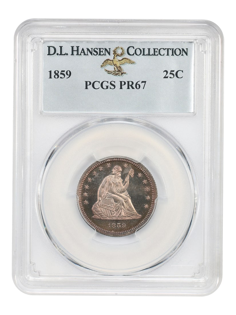 1859 25C PCGS PR67 ex: D.L. Hansen: 1859 25C PCGS PR67 ex: D.L. Hansen The 1859 25C PCGS PR67 is an exceptionally preserved coin, graded by the prestigious Professional Coin Grading Service. This uncirculated specimen boasts a stunning 