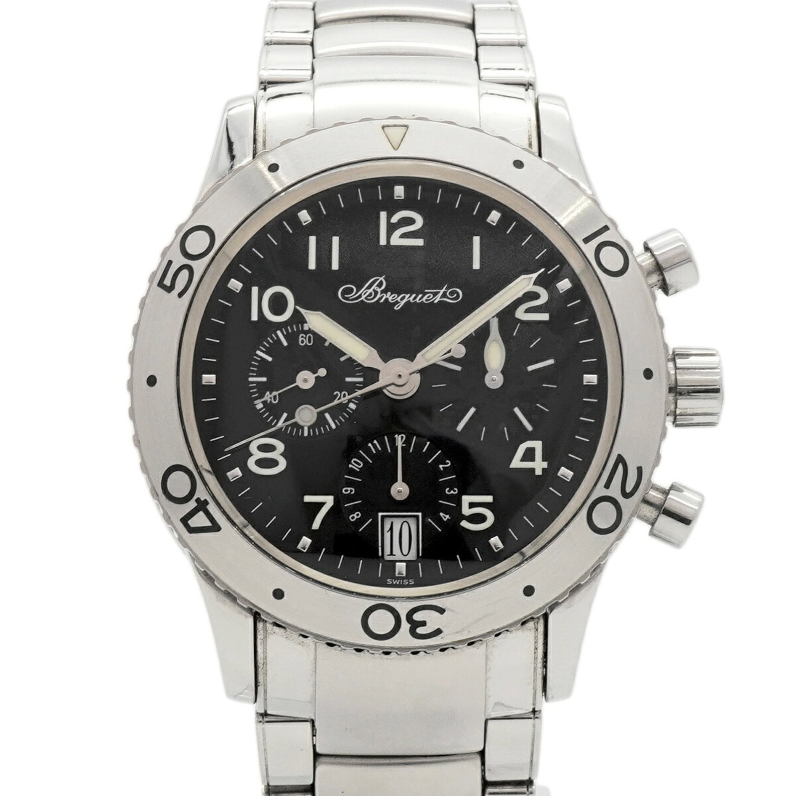Breguet Wristwatch: Breguet Wristwatch Stainless steel band and black dial make for a sleek, modern look. This Breguet wristwatch boasts automatic self-winding movement, perfect for those who value hands-on timekeeping.