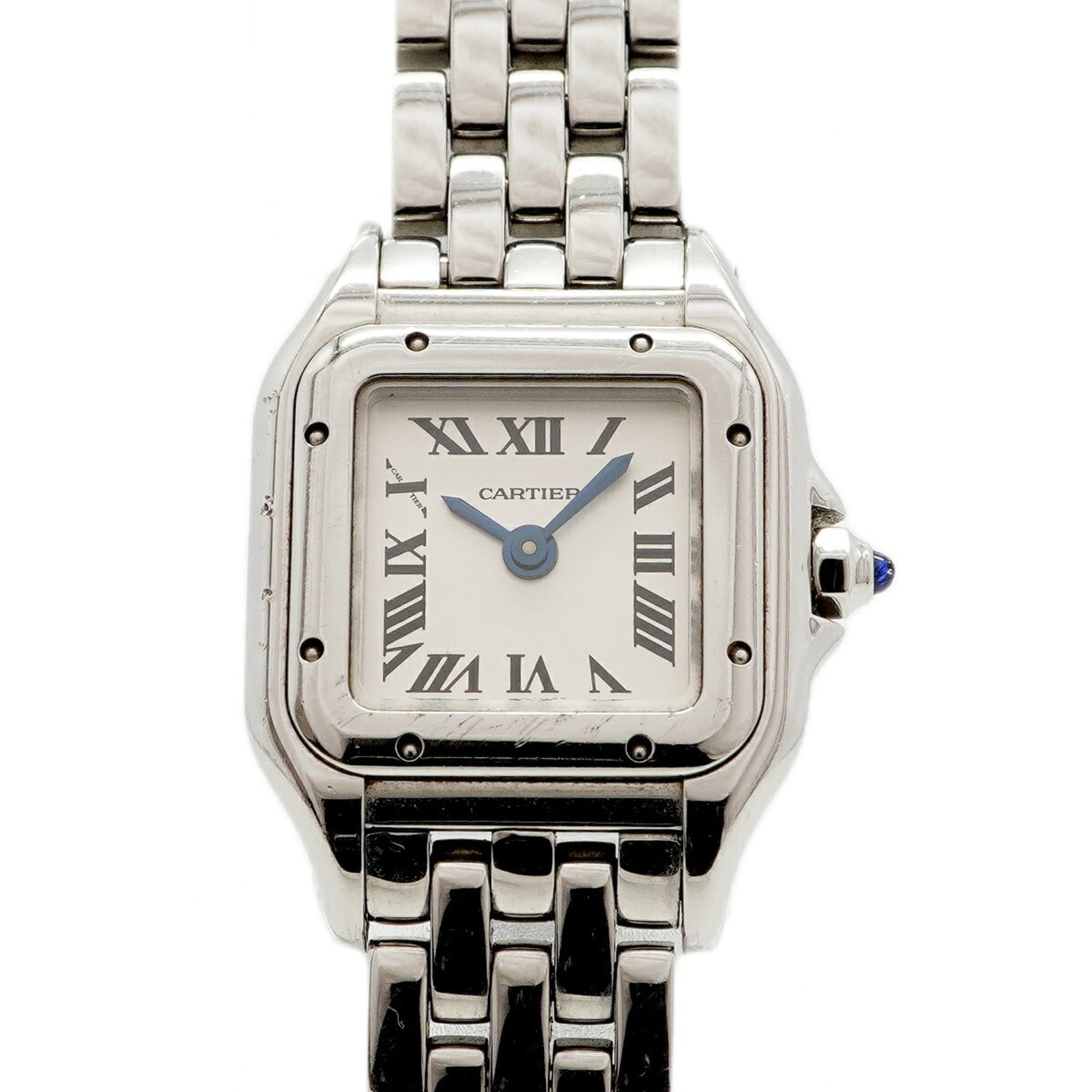 Cartier Wristwatch: Cartier Wristwatch Stainless steel band and silver dial make for a sleek, modern look. The Cartier wristwatch features a quartz movement and measures 16cm in length, suitable for wrists up to 6.29