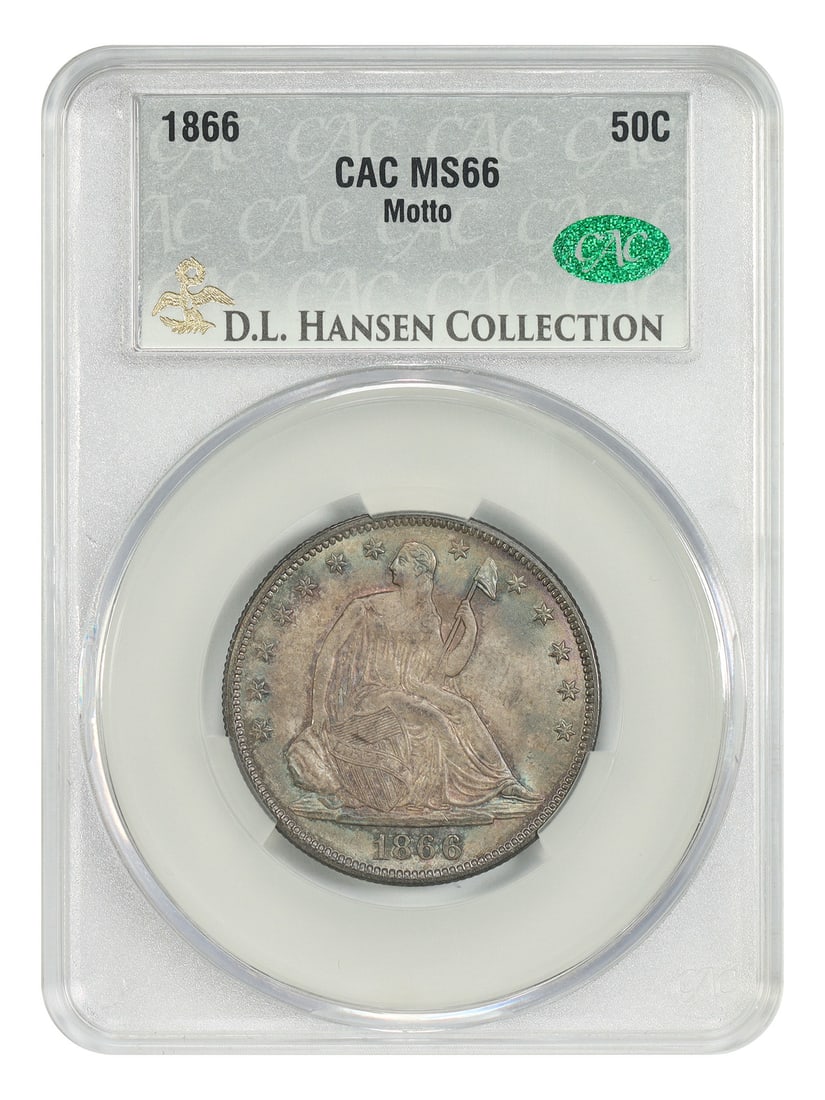 1866 50C CACG MS66 (Motto) ex: D.L. Hansen - Liberty Seated Half Dollar: 1866 50C CACG MS66 (Motto) ex: D.L. Hansen - Liberty Seated Half Dollar The 1866 50C CACG MS66 (Motto) ex: D.L. Hansen Liberty Seated Half Dollar boasts a striking design, featuring Lady Liberty with 