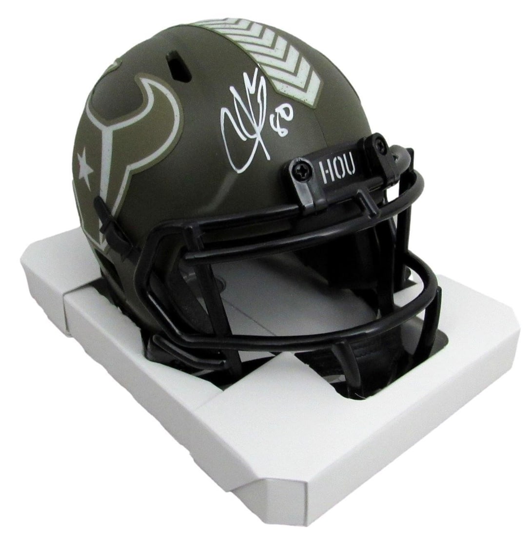Mini salute to service helmet autographed by Andre Johnson and the Texans: Mini salute to service helmet autographed by Andre Johnson and the Texans Signed by Andre Johnson and the Texans, this mini salute to service helmet is an official product from the NFL. The Tampa Bay 