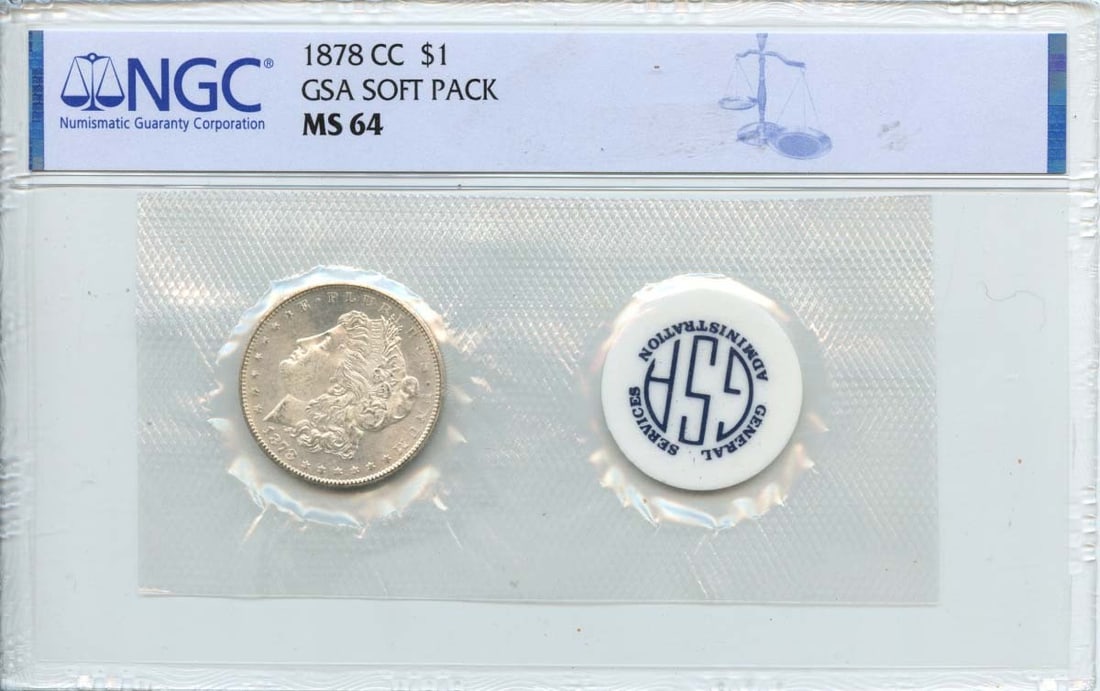 1878-CC Morgan Dollar GSA SOFT PACK S$1 NGC MS64: 1878-CC Morgan Dollar GSA SOFT PACK S$1 NGC MS64 Soft pack of 1878-CC Morgan Dollar coins certified MS64 by the Numismatic Guaranty Corporation (NGC), showcasing excellent condition and a rich history