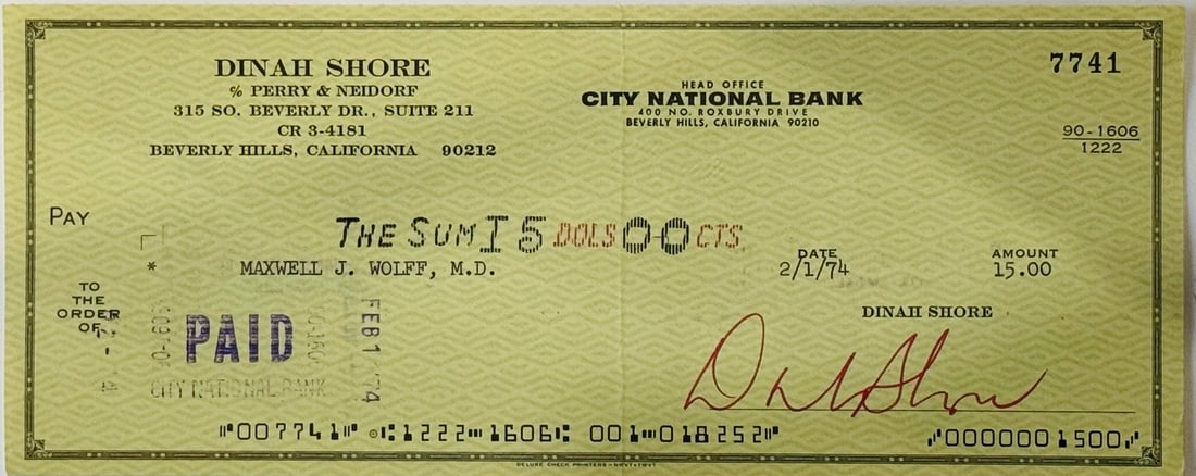 Dinah Shore signed check actress singer personal February 1974 (1 of 2)