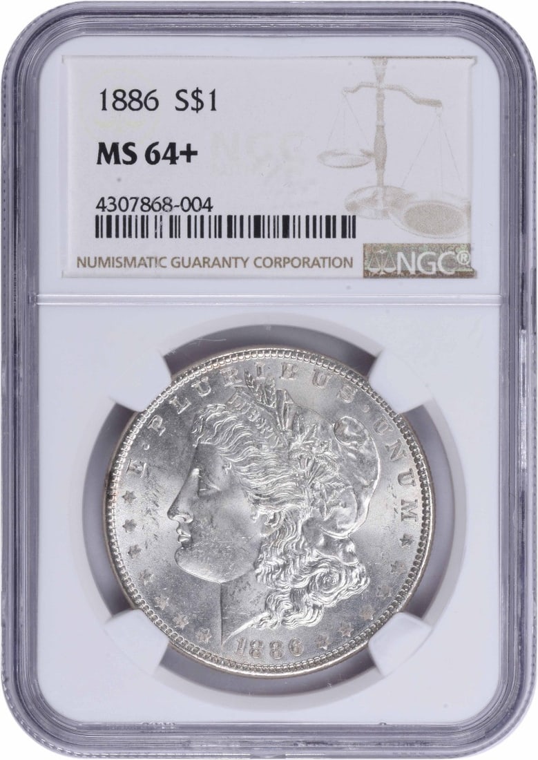 1886 Morgan Silver Dollar MS64+ NGC: 1886 Morgan Silver Dollar MS64+ NGC MS64+ certified Morgan Silver Dollar, minted in 1886 with its distinctive reeded edge and 90% silver composition. This uncirculated coin showcases George T. Morgan'