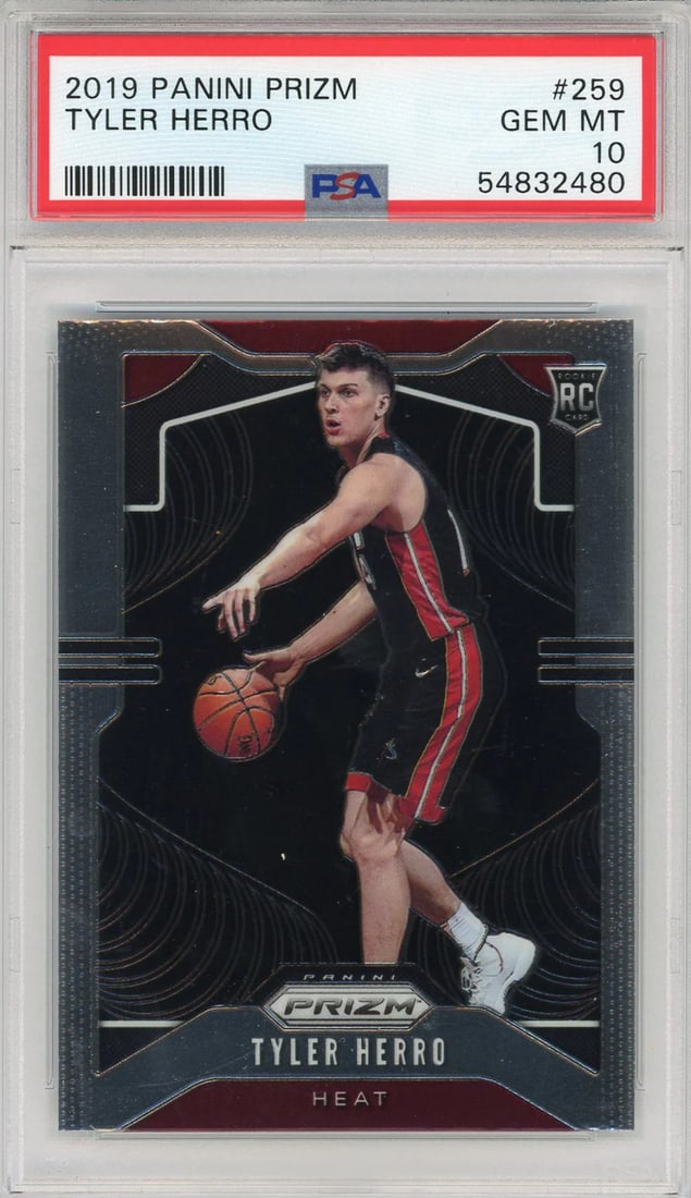 Tyler Herro 2019 Panini Prizm Card #259 (PSA): Tyler Herro 2019 Panini Prizm Card #259 (PSA) Tyler Herro 2019 Panini Prizm Card #259, graded by Professional Sports Authenticator (PSA). This card features a vibrant Prizm design and showcases the