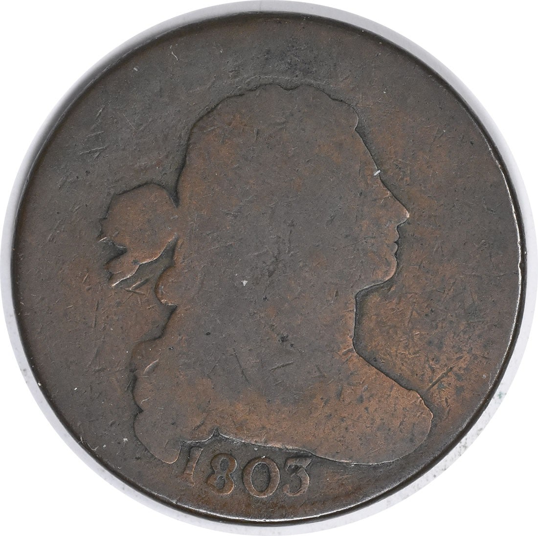 Uncertified G Cent 1803 Large: Uncertified G Cent 1803 Large The G Cent 1803 Large features a Draped Bust design by Robert Scot, making it a notable example from the early years of American coinage. This circulated copper coin was 