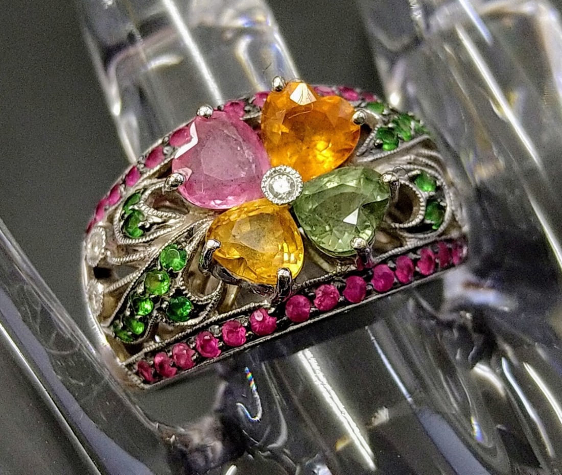 Vintage Le Vian Multi Color Sapphire Diamond 18k White Gold Flower Wide Ring: Vintage Le Vian Multi Color Sapphire Diamond 18k White Gold Flower Wide Ring Item Specifics: Materials Sourced From: United States Shape: Flower Main Stone Creation: Natural Occasion: Anniversary Birt
