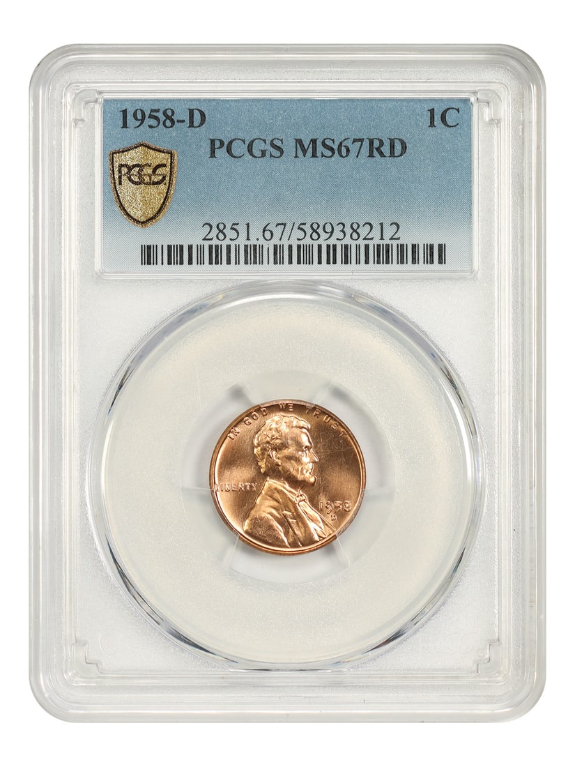 1958-D 1C PCGS MS67RD - Lincoln Cent (Wheat Reverse): 1958-D 1C PCGS MS67RD - Lincoln Cent (Wheat Reverse) The 1958-D Lincoln Cent (Wheat Reverse) is an uncirculated coin with a PCGS MS67RD grade, showcasing its exceptional condition and mint state