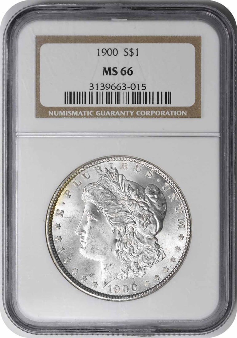 1900 Morgan Silver Dollar MS66 NGC: 1900 Morgan Silver Dollar MS66 NGC MS66 certified Morgan Silver Dollar from the 1900 Philadelphia mint, featuring George T. Morgan's design and a reeded edge. This uncirculated coin showcases excellen