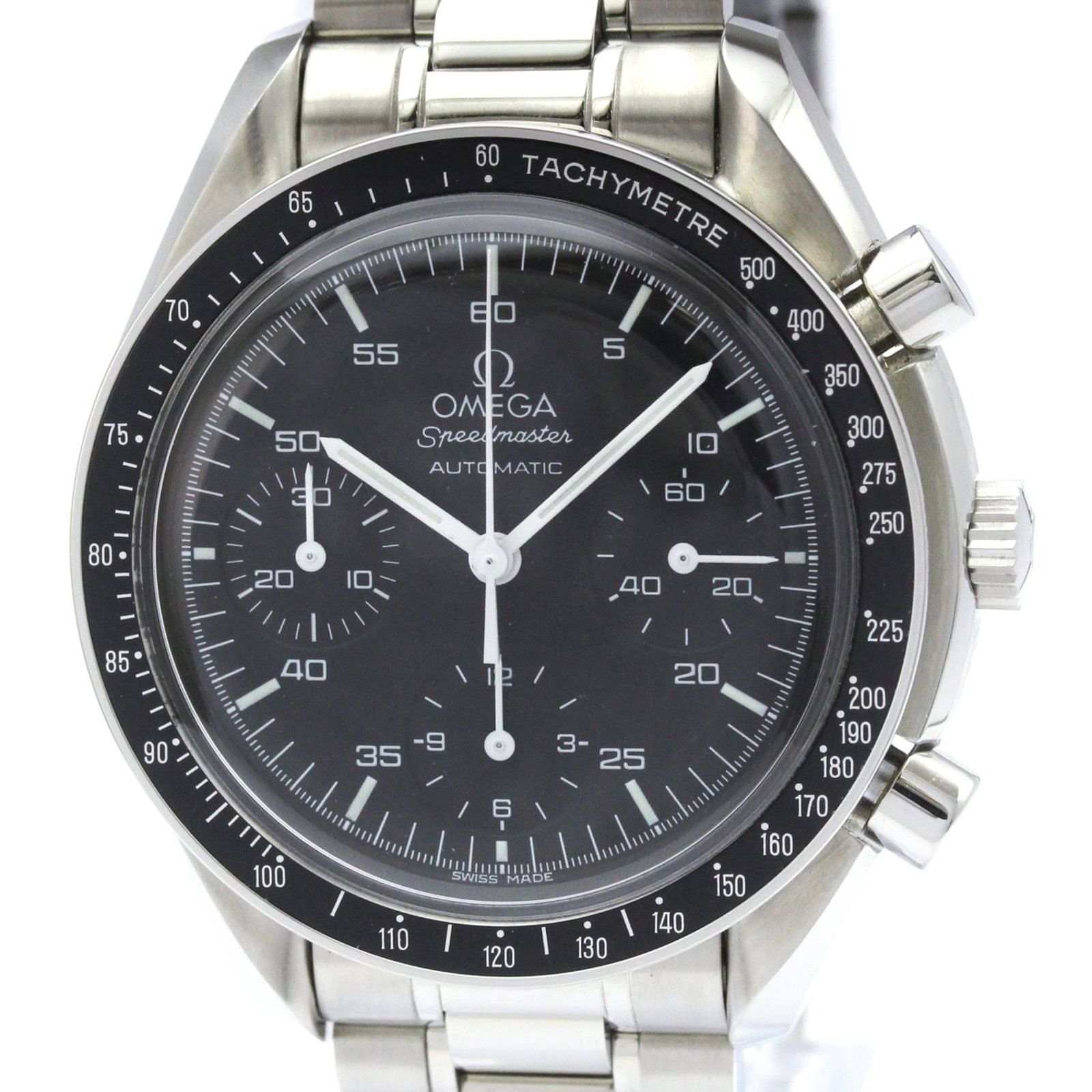 Omega Wristwatch: Omega Wristwatch Stainless steel case and band provide a sleek, sporty look for the Omega Speedmaster 3510.50 wristwatch. This self-winding automatic watch features a black dial and chronograph functi