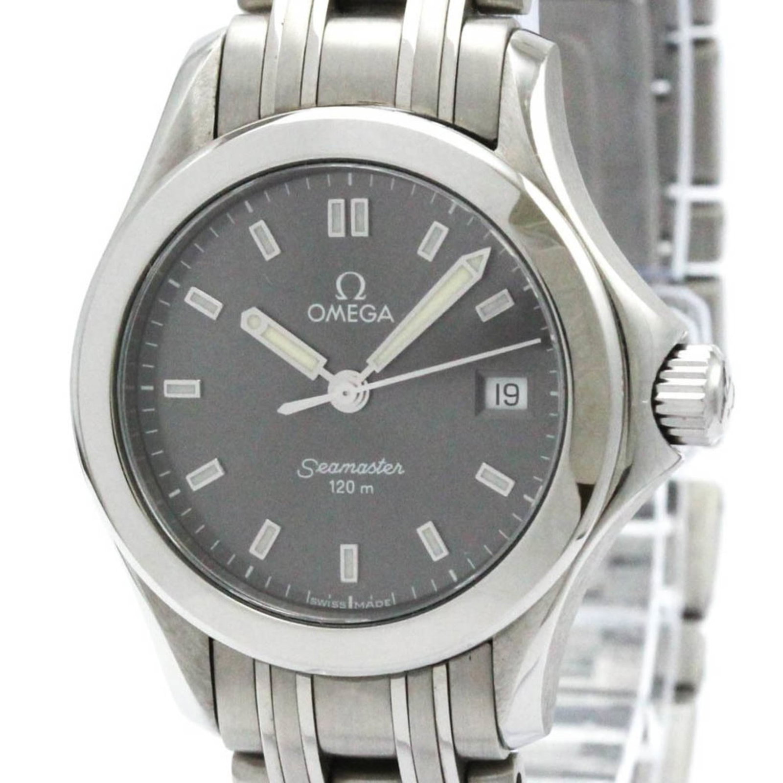 Omega Wristwatch: Omega Wristwatch Stainless steel case and band provide a sleek, sporty look for the Omega Seamaster watch. The gray dial features a Quartz movement with date function, keeping time accurately.
