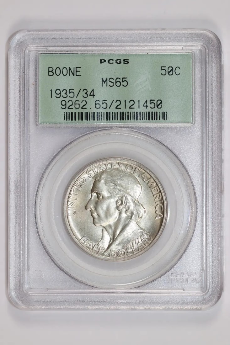 1935/ 34 BOONE COMMMEMORATIVE HALF DOLLAR PCGS MS65 OGH PQ: 1935/ 34 BOONE COMMMEMORATIVE HALF DOLLAR PCGS MS65 OGH PQ PCGS MS65 OGH PQ certification lends credibility to this stunning 1935/34 Boone Commemorative Half Dollar. The coin's exceptional condition, 