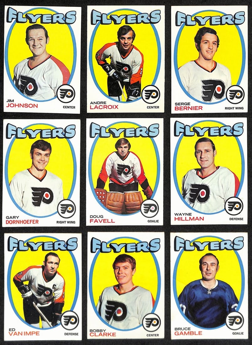 1971-72 Topps Hockey Philadelphia Flyers Complete Team Set (9/ 9) Cards 189199: 1971-72 Topps Hockey Philadelphia Flyers Complete Team Set (9/ 9) Cards 189199 The 1971-72 Topps Hockey Philadelphia Flyers Complete Team Set features nine cards, all in near-mint condition. This set 