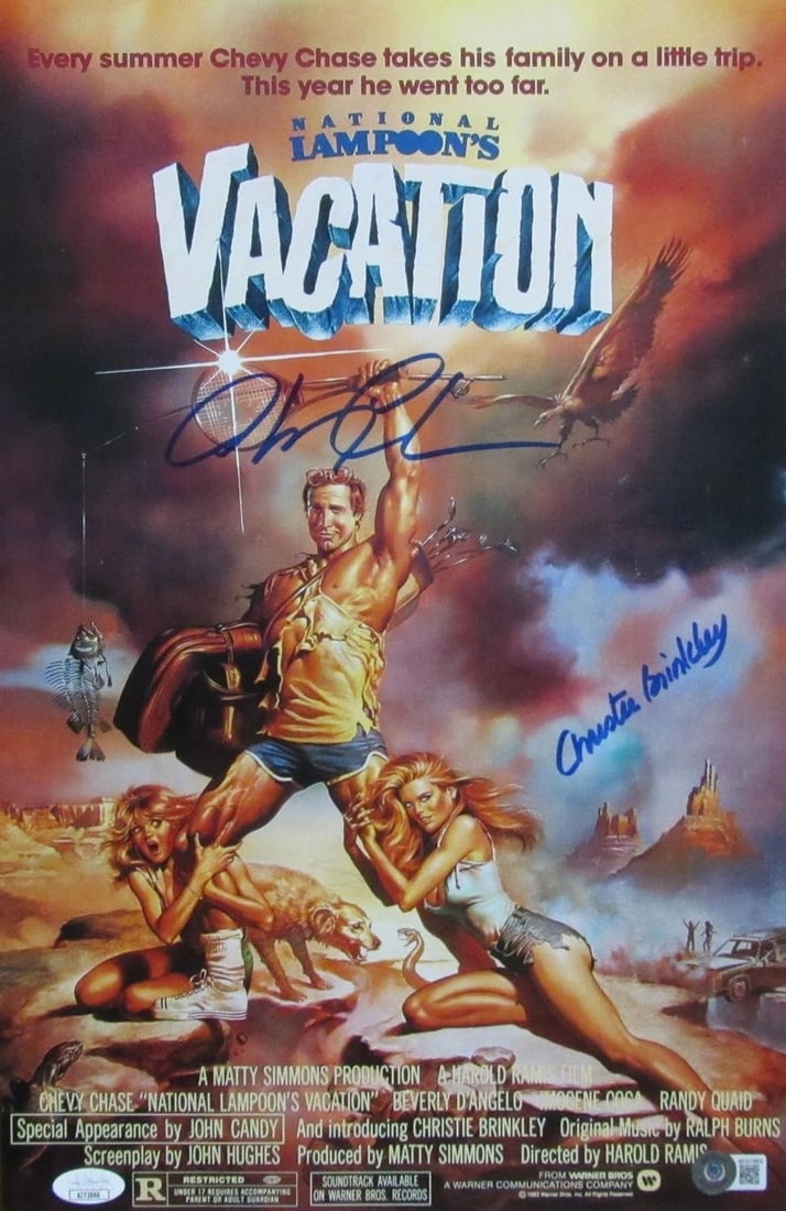 Chevy Chase/ Christie Brinkley Dual-Autographed 11x17 Photo "Vacation" JSA 179123: Chevy Chase/ Christie Brinkley Dual-Autographed 11x17 Photo "Vacation" JSA 179123 Chevy Chase and Christie Brinkley star in the iconic comedy film "Vacation," captured in this dual-autographed 11x17 p