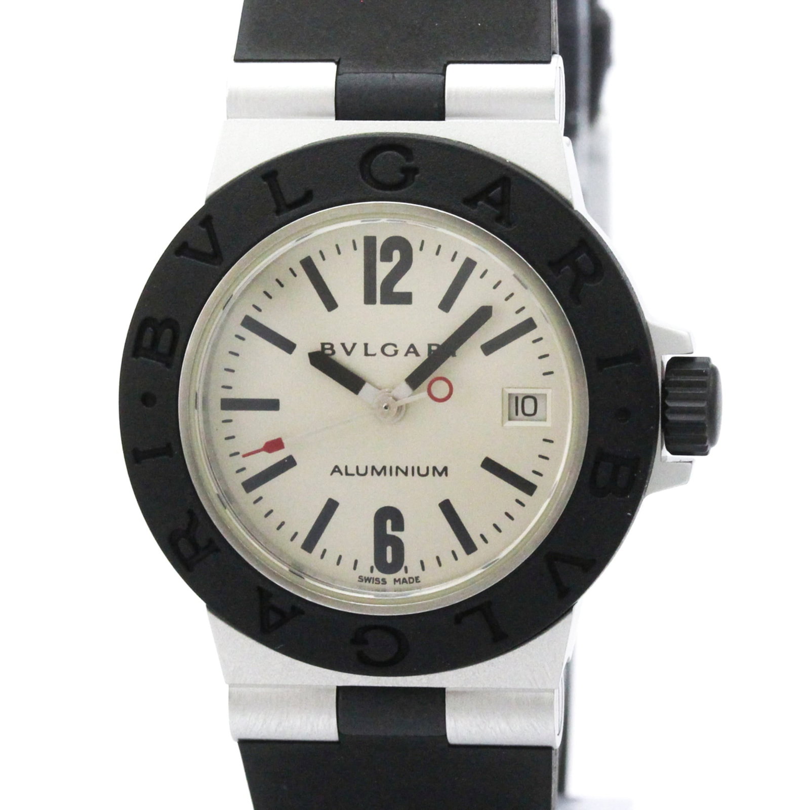 Bvlgari Wristwatch: Bvlgari Wristwatch Bvlgari Aluminium Wristwatch features a sleek silver dial, aluminum case, and rubber band. This quartz watch has a date function and weighs just 30g. Its compact size makes it suita