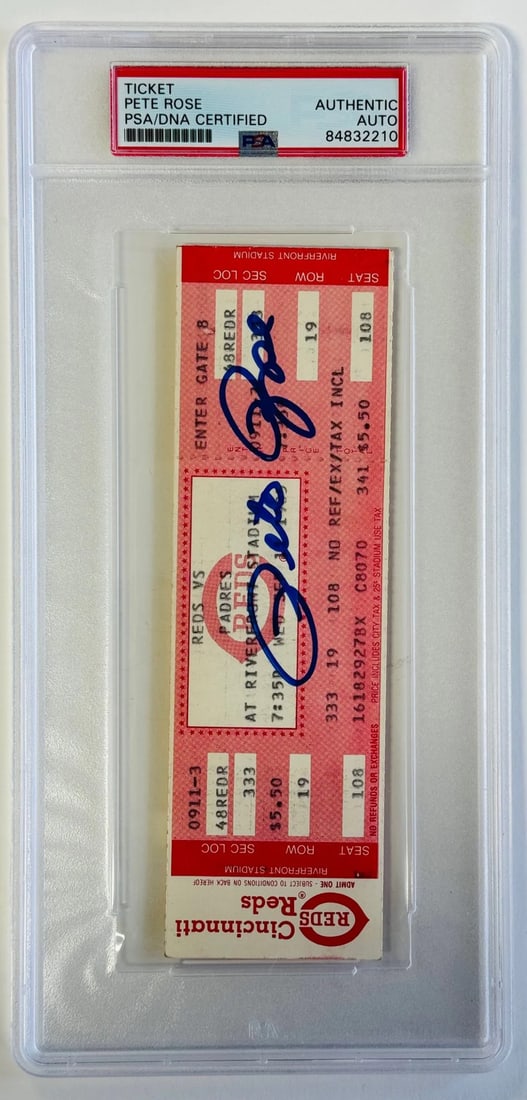 Pete Rose Signed HIT KING Ticket Sept 11 1985 (PSA) Authentic Auto: Pete Rose Signed HIT KING Ticket Sept 11 1985 (PSA) Authentic Auto Signed by Pete Rose in blue sharpie on the Cincinnati Reds' HIT KING Ticket from September 11, 1985. Certified by PSA, this ticket ma
