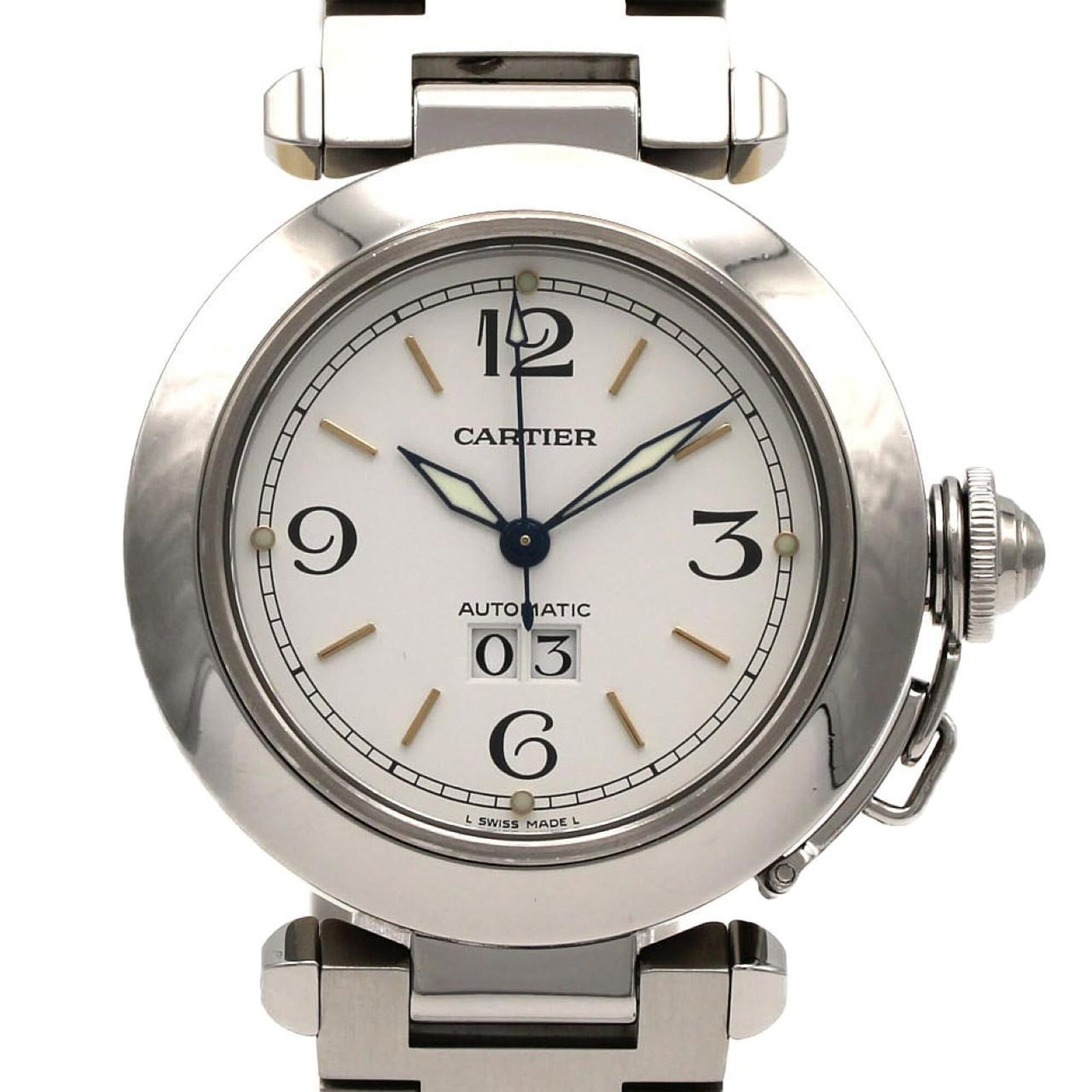 Cartier Wristwatch: Cartier Wristwatch Stainless steel case and band, a sleek and modern design. The white dial features a self-winding automatic movement, making it a reliable timepiece. With its compact size at 35mm an