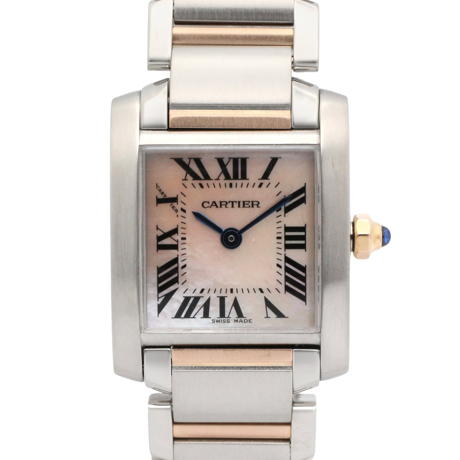 Cartier Wristwatch: Cartier Wristwatch Pink gold (18K) and stainless steel blend in this elegant Cartier wristwatch, featuring a pink shell dial. The quartz movement keeps time with precision, while the 20mm case diamete