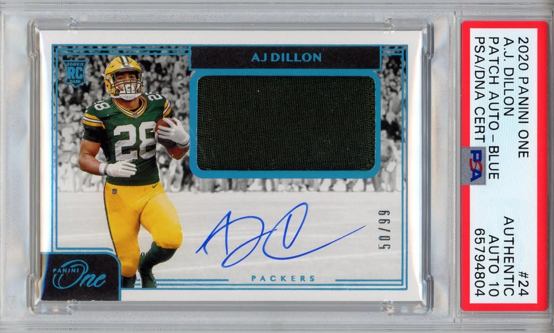 AJ Dillon Autographed 2020 Panini One Patch Blue Rookie Card #24 (PSA Auto 10) (1 of 2)