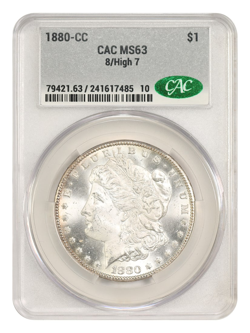1880-CC $1 CACG MS63 (8/ High 7) - Morgan Dollar - Old West Morgan Dollar: 1880-CC $1 CACG MS63 (8/ High 7) - Morgan Dollar - Old West Morgan Dollar The 1880-CC $1 CACG MS63 (8/High 7) Morgan Dollar boasts a high grade of MS63, indicating exceptional condition and minimal we