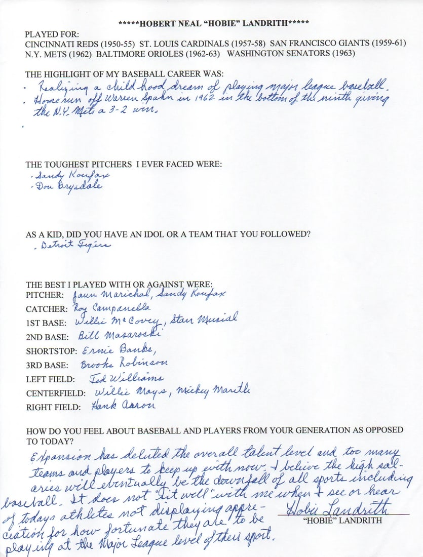 Hobie Landrith Autographed Hand Filled Out Survey Page (JSA): Hobie Landrith Autographed Hand Filled Out Survey Page (JSA) Authentic Hobie Landrith Autographed Hand Filled Out Survey Page, certified by James Spence Authentication. This unique item features a sig