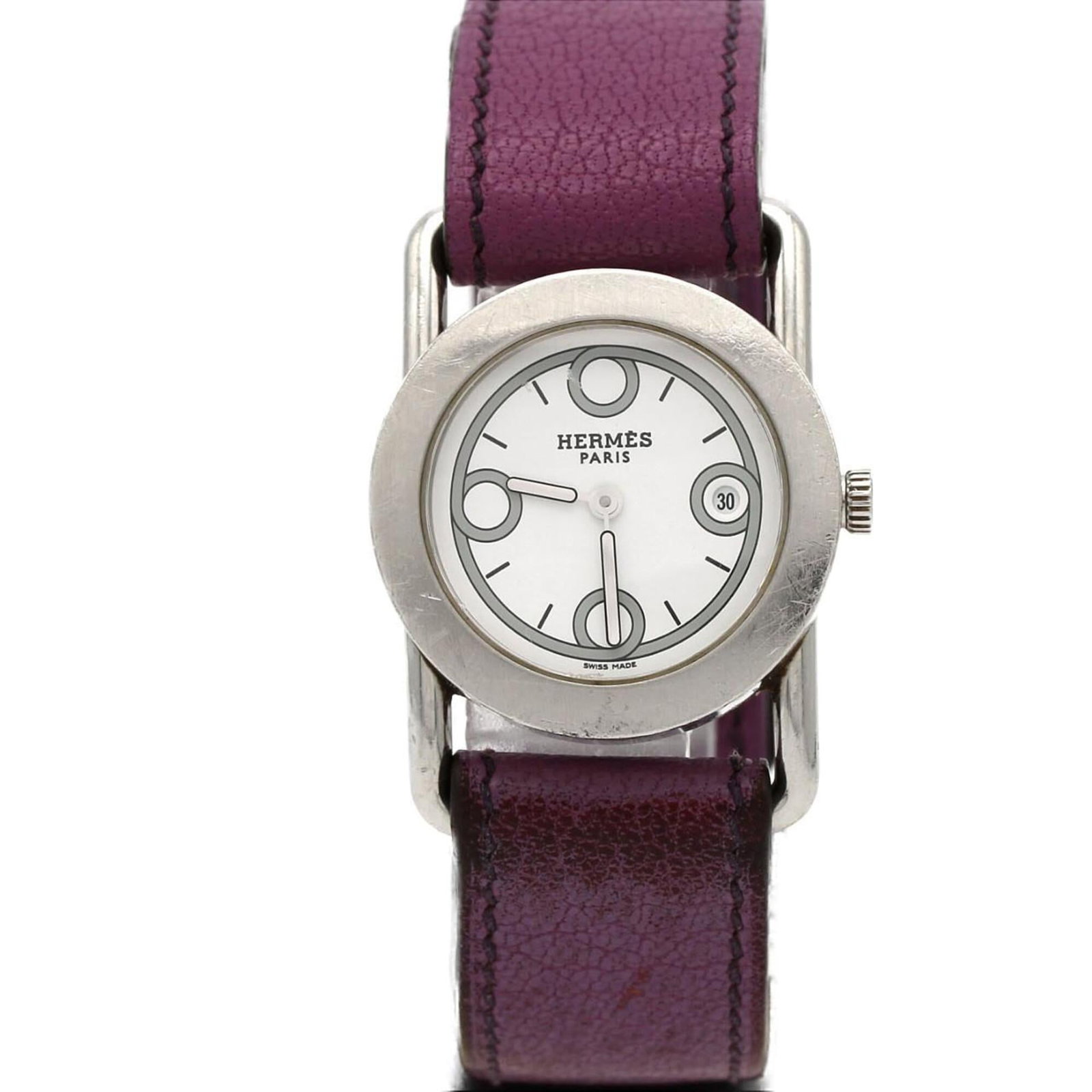 Hermes Wristwatch: Hermes Wristwatch Stainless steel case with a white dial, the Hermes wristwatch boasts a sleek and modern design. Measuring 28mm in diameter, it features a quartz movement for reliable timekeeping. Wi