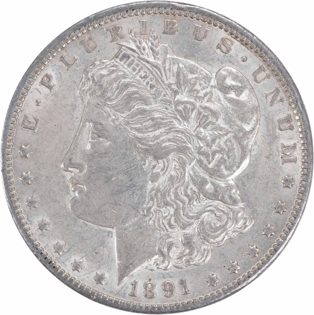 1891-CC Morgan Silver Dollar AU Uncertified: 1891-CC Morgan Silver Dollar AU Uncertified The 1891-CC Morgan Silver Dollar features an AU Uncertified grade, showcasing its attractive appearance. Made from 90% silver and 10% copper, this circulate