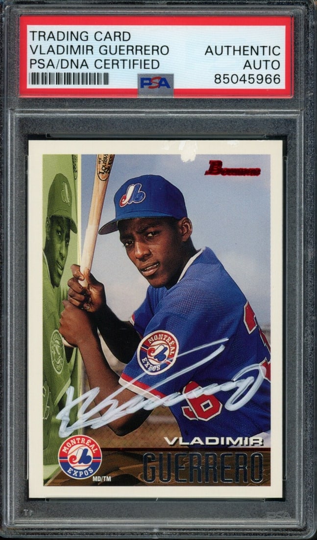 Vladimir Guerrero Montreal Expos Autographed 1995 Bowman Rookie Card #90 PSA/ DNA: Vladimir Guerrero Montreal Expos Autographed 1995 Bowman Rookie Card #90 PSA/ DNA Vladimir Guerrero's 1995 Bowman Rookie Card #90 features his autograph, making it a unique collectible for baseball en