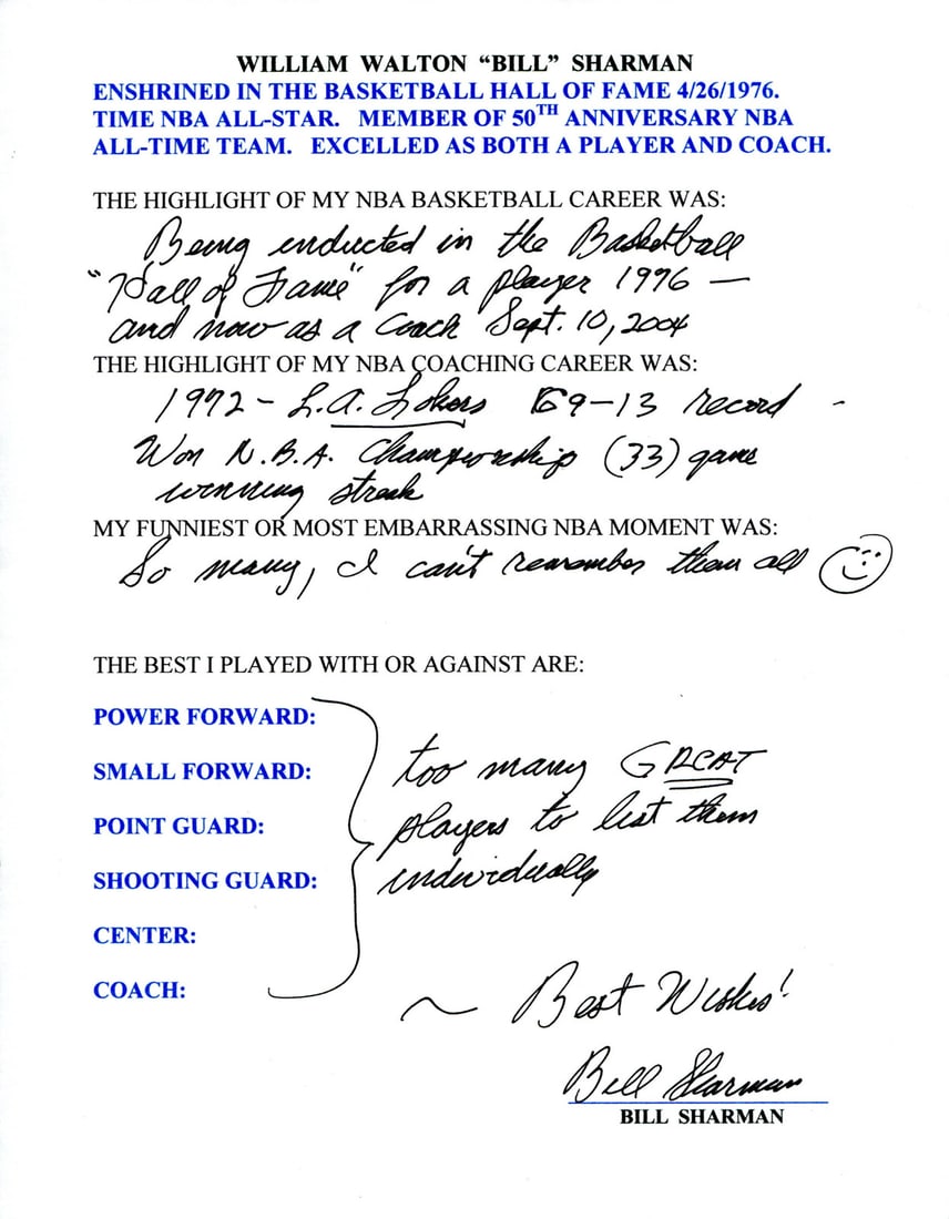 Bill Sharman Autographed Hand Filled Out Survey Page (JSA): Bill Sharman Autographed Hand Filled Out Survey Page (JSA) Item Specifics: Brand: James Spence Authentication (JSA) Bill Sharman Autographed Hand Filled Out Survey Page Signed and filled out in black 
