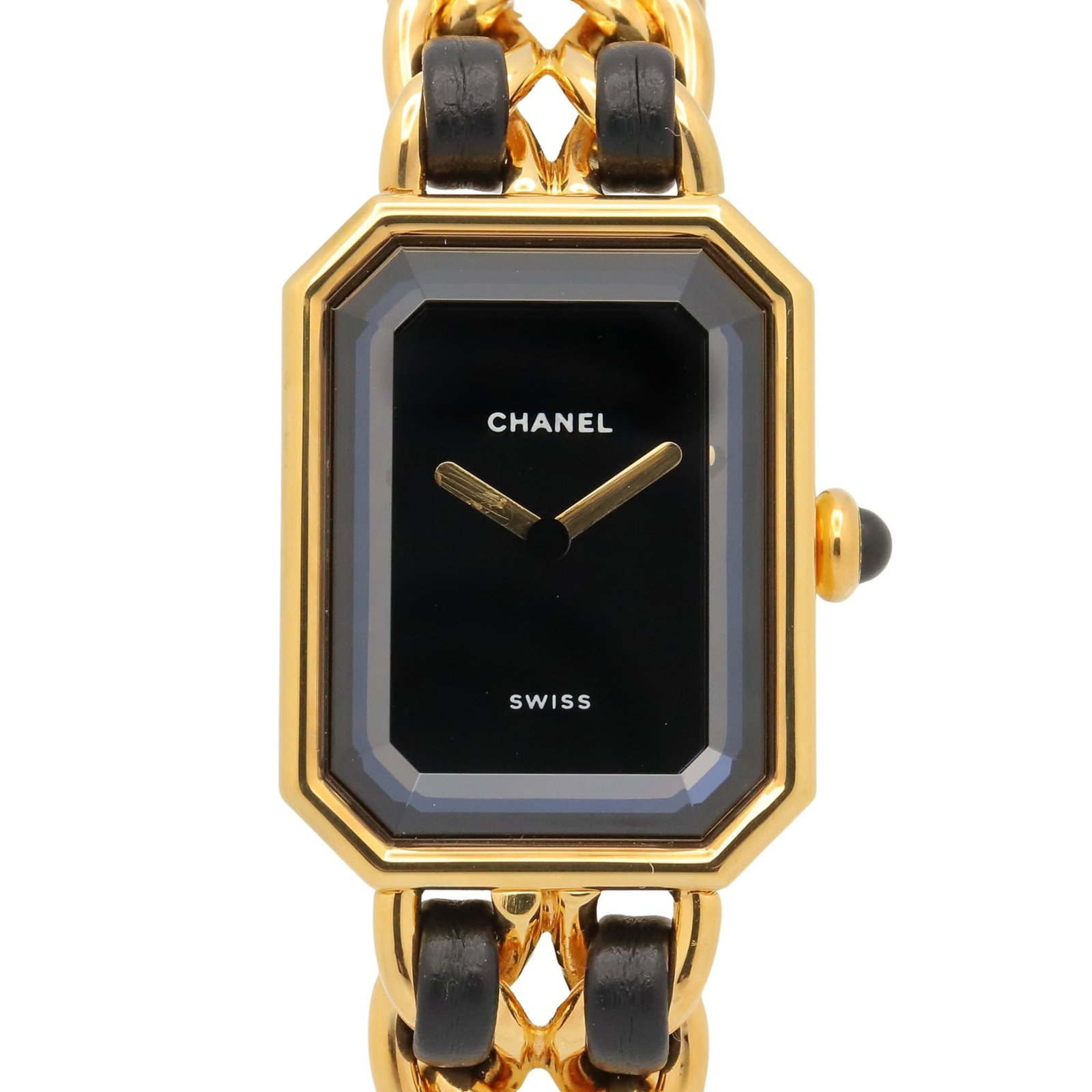 Chanel Wristwatch: Chanel Wristwatch Gold plated, leather-strapped Chanel wristwatch with a black dial and quartz movement. Measuring 20mm in diameter, this stylish timepiece features a sleek design that complements its