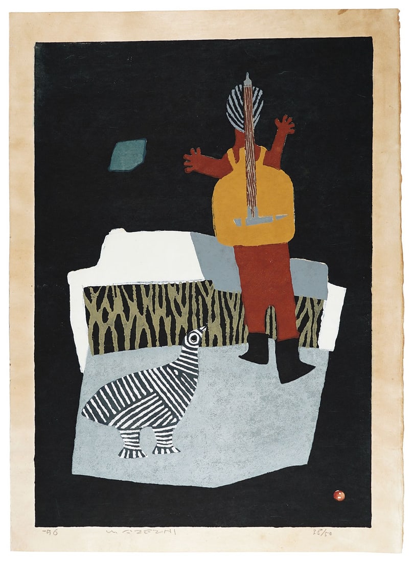 Umetaro signed parting print 1956 woodblock ed 50 Japanese sosaku: Umetaro signed parting print 1956 woodblock ed 50 Japanese sosaku Item Specifics: Artist: Umetaro Azechi Subject: Human Figures / Abstract Material: Washi Paper Style: Japanese Size: 58.5 x 40.5 cm Ye
