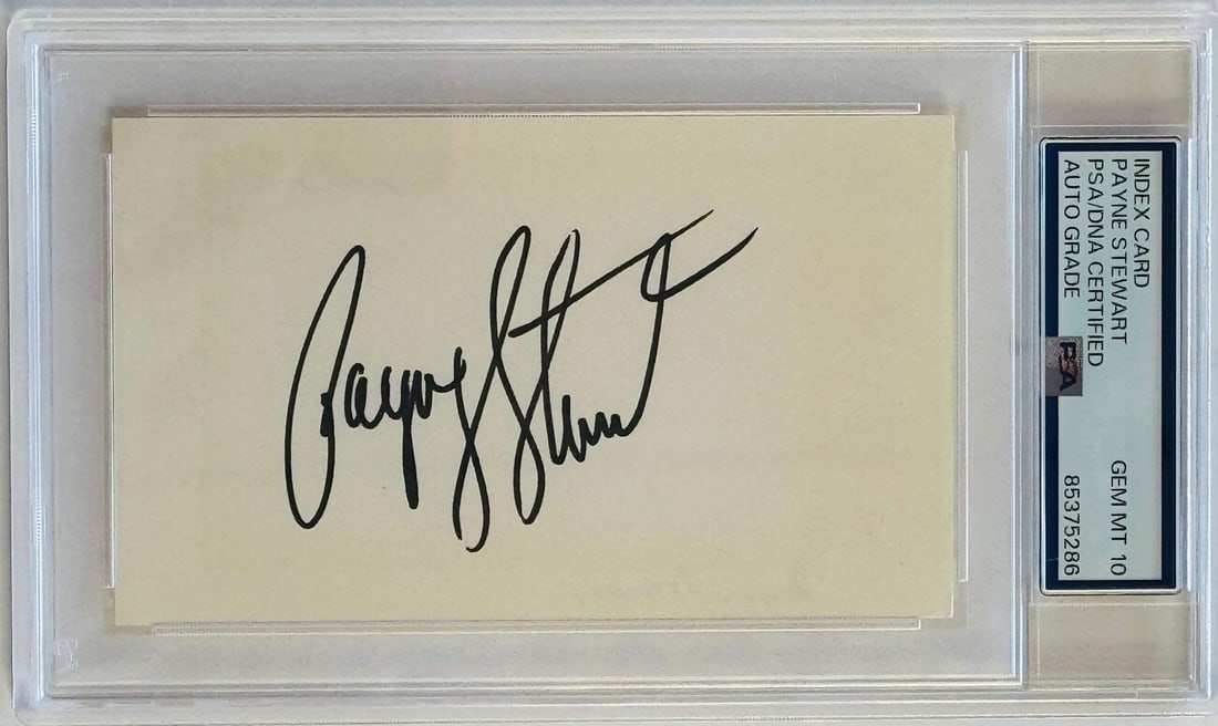 Payne Stewart Auto Grade Gem Mint 10 Signed Index Card (PSA): Payne Stewart Auto Grade Gem Mint 10 Signed Index Card (PSA) Signed in black sharpie across the index card, this Payne Stewart Auto Grade Gem Mint 10 card bears a notable signature from the profession