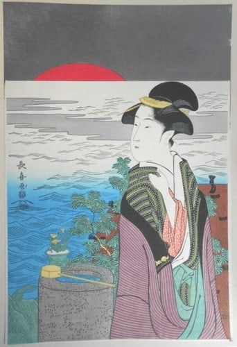 Japanese Woodblock Print Eishosai Choki First Sunrise Nishiki e Adachi Edition: Japanese Woodblock Print Eishosai Choki First Sunrise Nishiki e Adachi Edition Item Specifics: Artist: Eishosai Choki Subject: First Sunrise of the Year Material: Paper Style: Japanese Size: 39 x 26