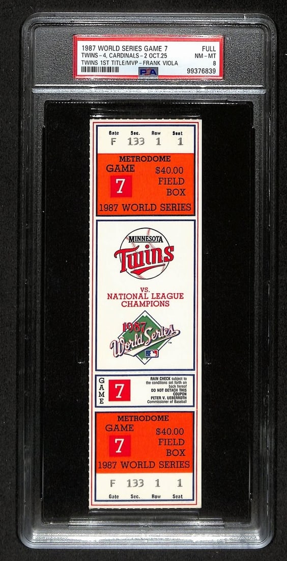 1987 World Series Game 7 Cardinals vs. Twins Full Ticket PSA/ DNA NM-MT 8 197218: 1987 World Series Game 7 Cardinals vs. Twins Full Ticket PSA/ DNA NM-MT 8 197218 Original 1987 World Series Game 7 ticket from the Cardinals vs. Twins, graded PSA/ DNA as NM-MT 8, a rare and highly