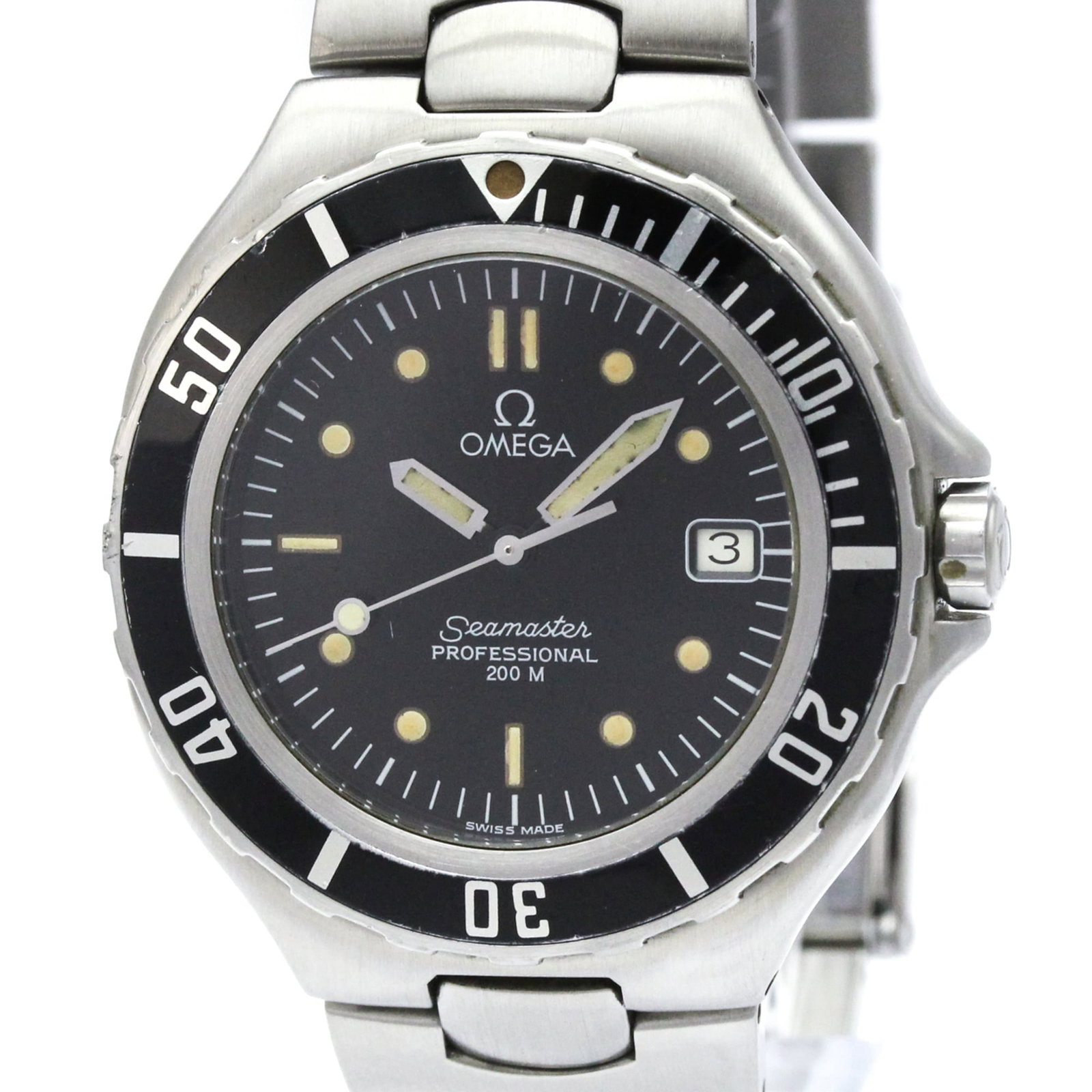 Omega Wristwatch: Omega Wristwatch Stainless steel case and band, the Omega Seamaster watch boasts a sleek black dial. With its quartz movement and date function, this sporty timepiece is designed for everyday wear.
