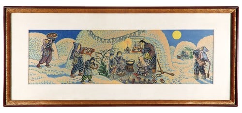 Tokushi Woodblock Print Katsuhira Large Snow Festival Yokote Japan Kamakura 1955: Tokushi Woodblock Print Katsuhira Large Snow Festival Yokote Japan Kamakura 1955 Item Specifics: Artist: Katsuhira Tokushi Subject: Japanese Winter Festival Kamakura Snow Huts Yokote Customs