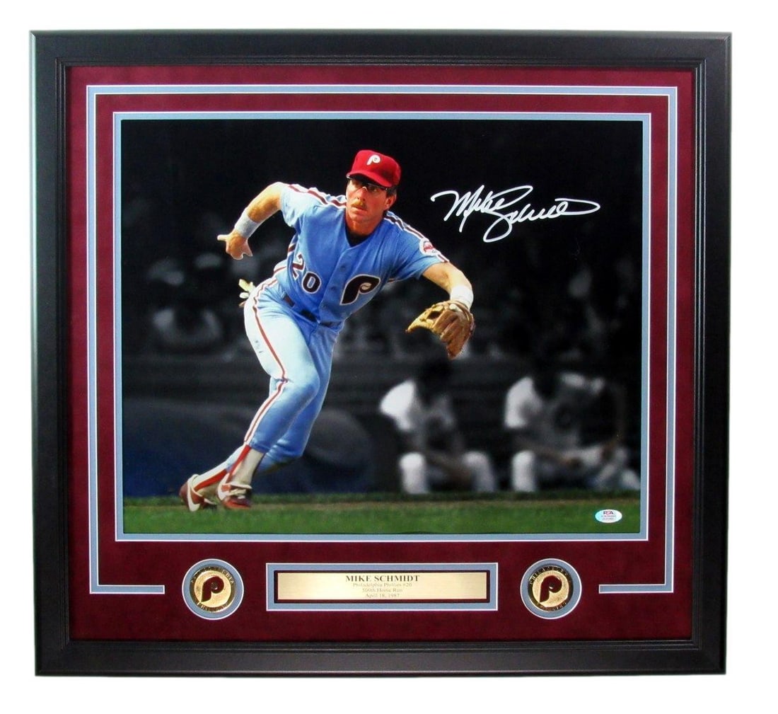 Mike Schmidt HOF Signed/ Autographed 16x20 Photo Phillies Framed PSA/ DNA 192186: Mike Schmidt HOF Signed/ Autographed 16x20 Photo Phillies Framed PSA/ DNA 192186 Mike Schmidt's iconic baseball career is captured in this 16x20 photo, signed by the legendary Phillies player. The
